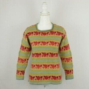 Oleana Women's Medium Red Green Floral 100% Wool Square Tight Knit Neck Sweater